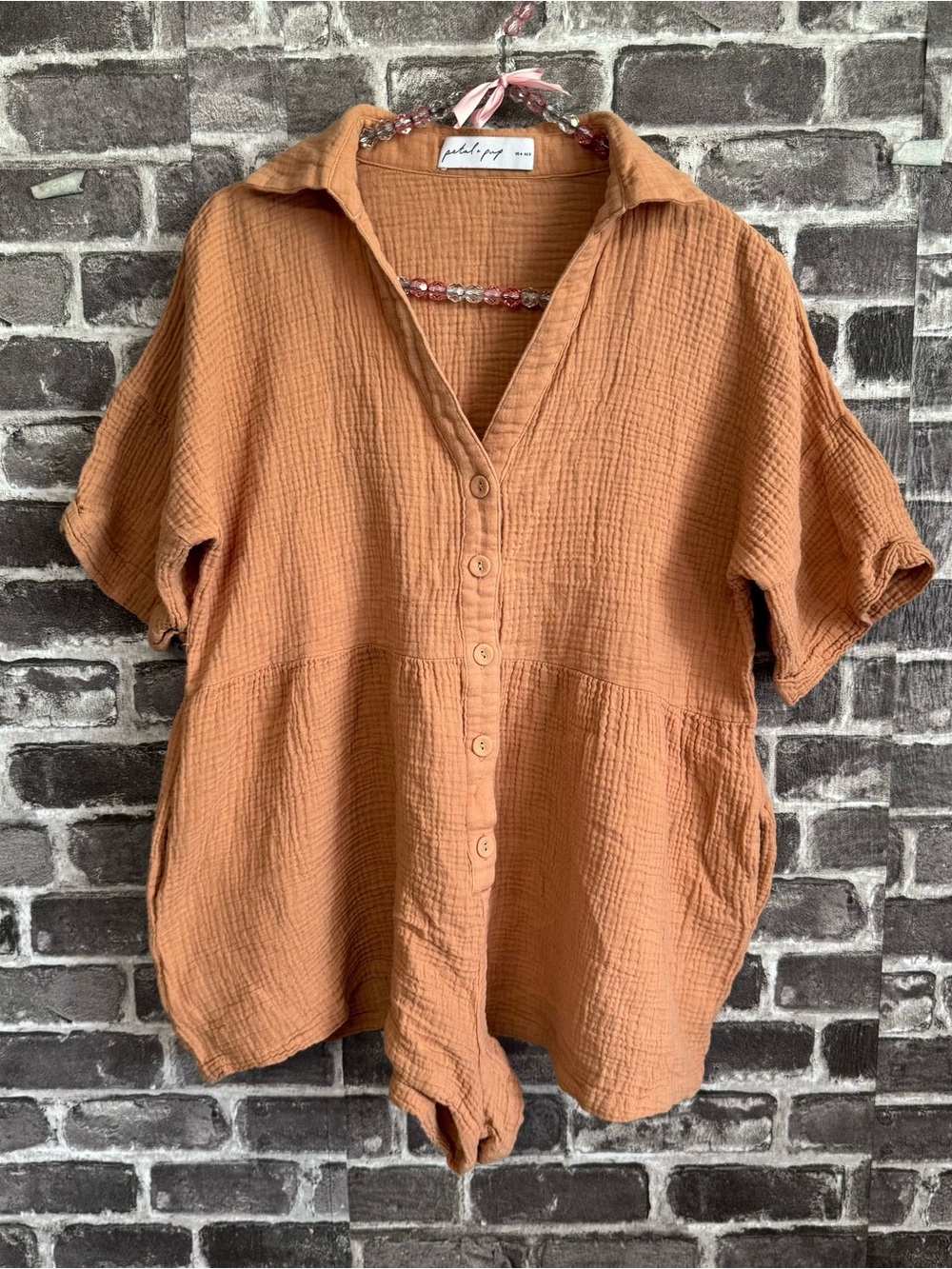 Petal + Pup gauze romper tan quilted pockets button chest